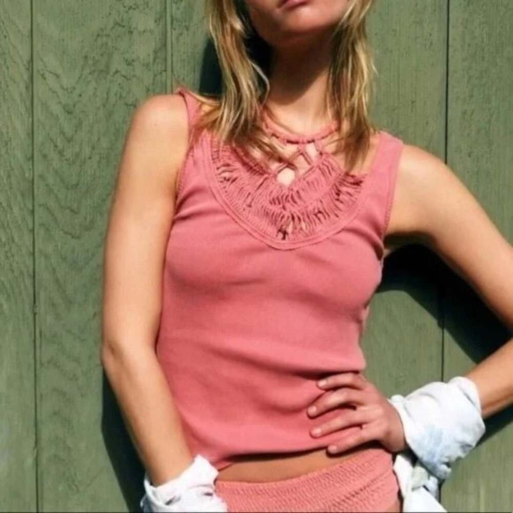 We The Free Free People Thalia Crochet Neck Tank Top Coral Extra Small